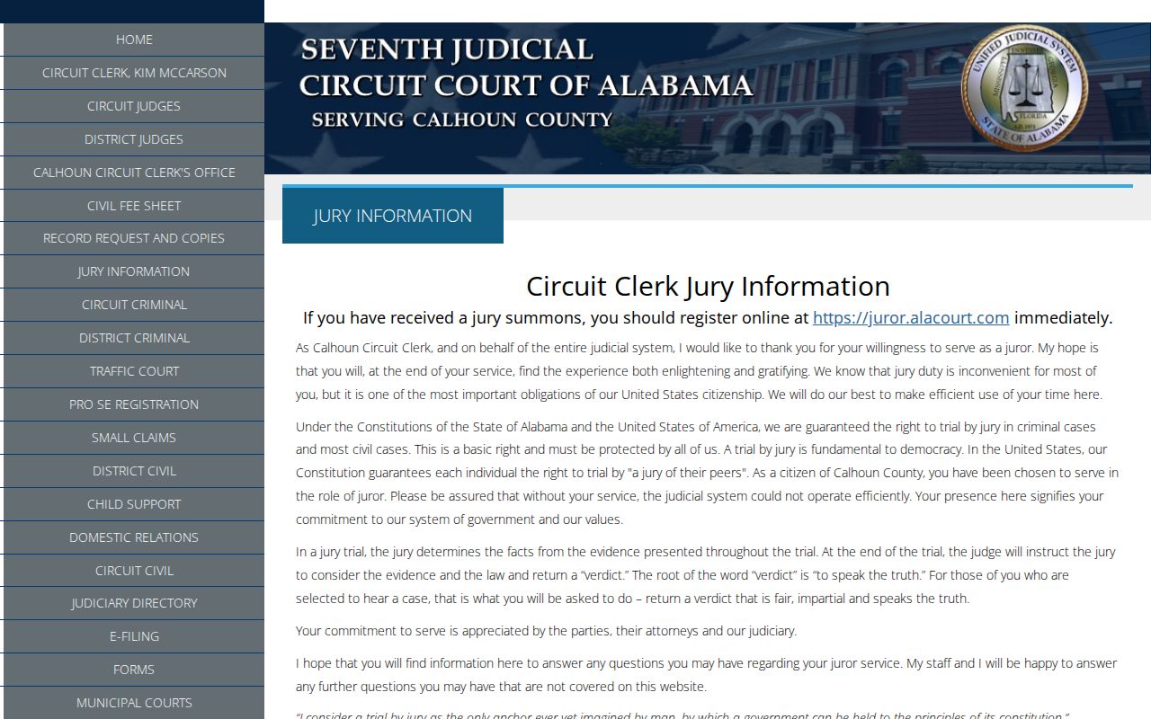 Calhoun County court dates and jury reporting information
